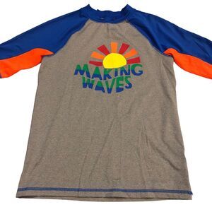 Boys Unisex Large Swim Shirt Short Sleeve Rash Guard Making Waves Blue Gray EUC
